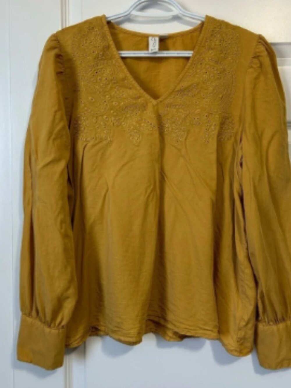 Joie Mustard Embroidered Blouse with Puff Sleeves Button Cuffs